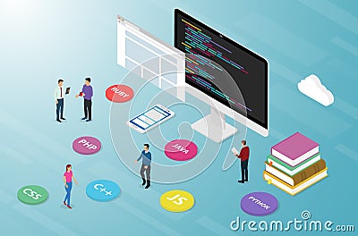 Computer programming script code with various options icon popular list language with isometric modern style - vector Cartoon Illustration