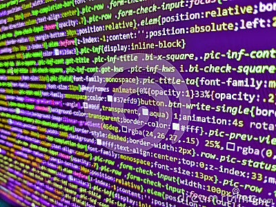Computer programming source code. Blurred screen with selective focus. Software data monitor new function. Close up of random Stock Photo