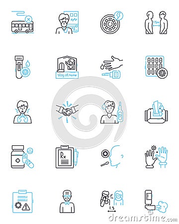 Computer protection linear icons set. Firewall, Antivirus, Malware, Spyware, Privacy, Hackers, Scams line vector and Vector Illustration