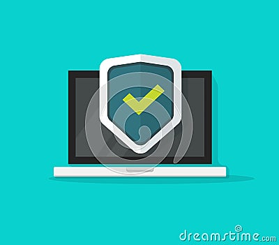 Computer protection vector icon isolated, flat cartoon laptop protected with shield symbol, idea of pc security Vector Illustration