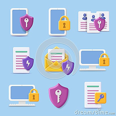 Computer protection vector icons. Cybersecurity, digital security concepts. Business data protection symbols, Vector Illustration