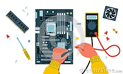 Computer repair. Electric circuit troubleshooting and maintenance with tester, semiconductor hardware components Vector Illustration