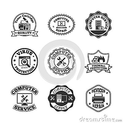 Computer repair labels icons set Vector Illustration