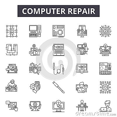 Computer repair line icons for web and mobile design. Editable stroke signs. Computer repair outline concept Vector Illustration