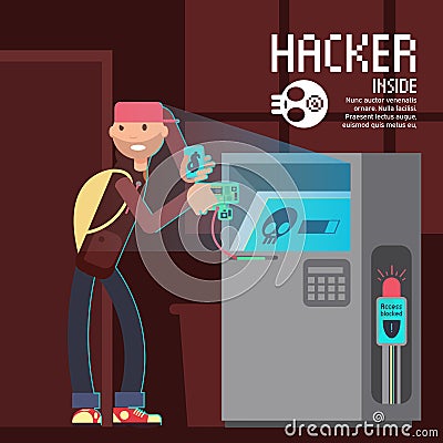 Computer safety and computer crime vector concept with cartoon hacker character Vector Illustration