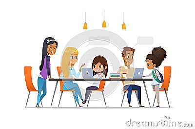 Computer Science Club. Happy children and students sitting at laptops talk to each other and learning programming Vector Illustration