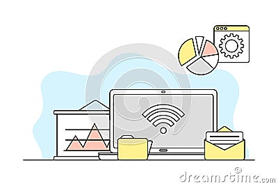 Computer Science and Technology Study with Programmed Machine and Folder Vector Line Illustration Vector Illustration