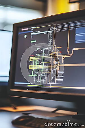 Computer screen displaying a CAD model of an energy-efficient urban power grid. Stock Photo