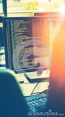 Computer screen displaying complex code while a tech expert explains sharding technology in blockchain systems Stock Photo