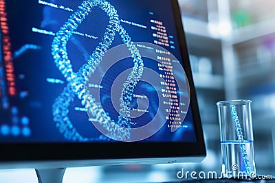 Computer screen displaying DNA sequences with bioinformatics analysis in progress Stock Photo