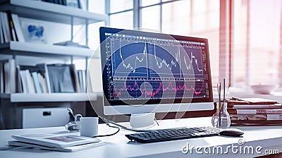 Modern, bright office setting with computer screen showing graphs and charts, indicating data analysis and market trends Stock Photo