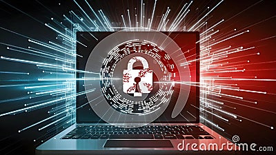 Computer screen displaying secure network interface with red virus alert flashin. Concept Stock Photo