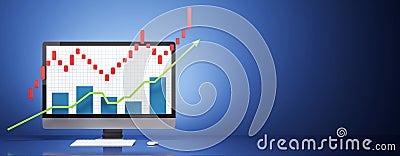 Computer screen displaying stock market graph with upward trend on blue background. 3D Rendering Stock Photo