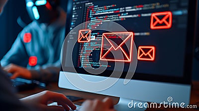 Computer screen displaying suspicious email interface with red alert symbols and warning message indicating phishing activity, Stock Photo