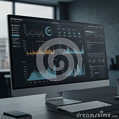 A computer screen displays a sophisticated data analytics dashboard with various Stock Photo