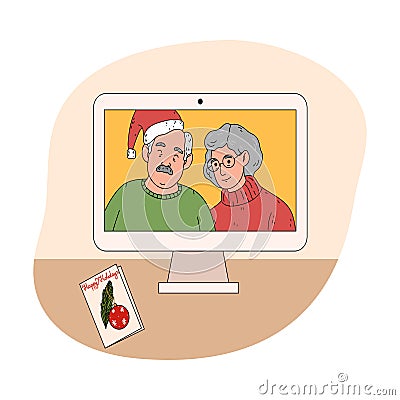 Computer screen with happy smiling grandparents congratulating with Christmas online Vector Illustration