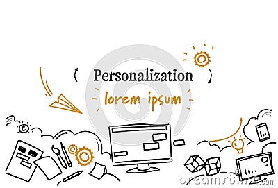 Computer screen interface design personalization concept sketch doodle horizontal copy space Vector Illustration