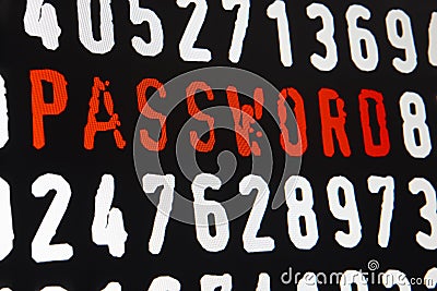 Computer screen with password text and numbers on black background Stock Photo