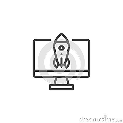 Computer screen with rocket line icon Vector Illustration