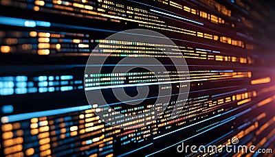 Computer screen with running program code, close-up of computer equipment, innovation and advanced technology, Cartoon Illustration