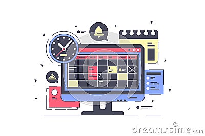 Computer screen with schedule equipment and planning. Cartoon Illustration