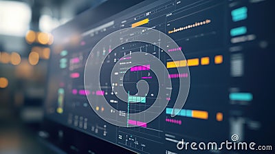 Computer screen showing futuristic user interface with analytics and data visualization in modern office Stock Photo