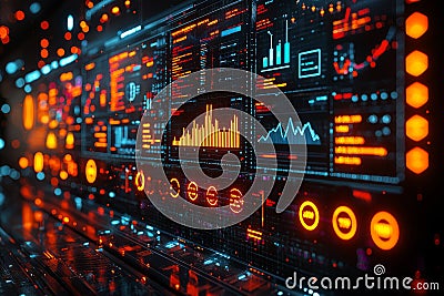 A computer screen shows a range of graphs and figures, illustrating the concept of complexity and information overload Stock Photo