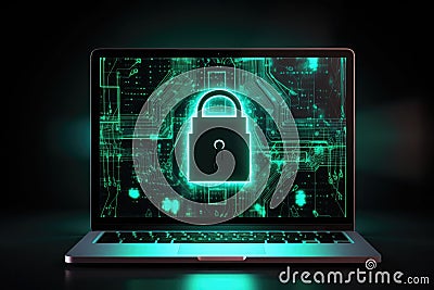 Computer screen with virtual lock image security, cybersecurity Stock Photo