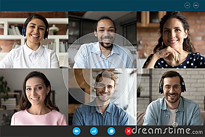 Happy multiracial millennial friends are communicating distantly. Stock Photo