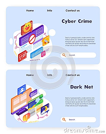 Computer security and cyber crime. Virus attack alert. Darknet technology. Vector web site design template. Landing page Vector Illustration