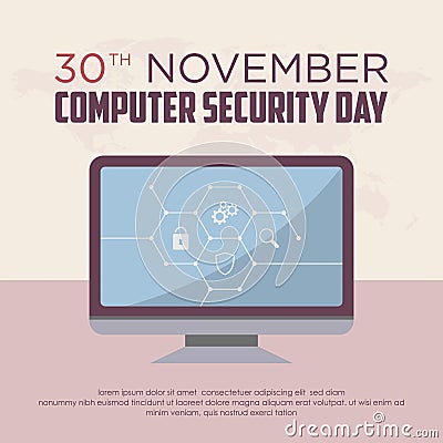 Computer Security Day letter emblem in flat style with monitor graphic Vector Illustration