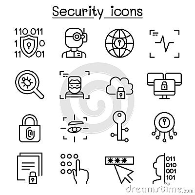 Computer Security, Internet protection, Firewall system icon set in thin line style Vector Illustration