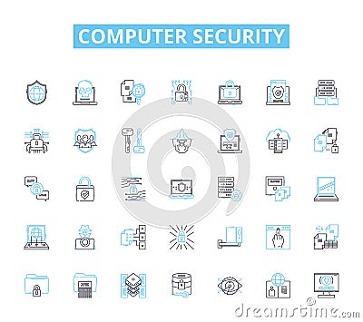 Computer security linear icons set. Firewall, Cryptography, Malware, Authentication, Encryption, Phishing, Virus line Vector Illustration
