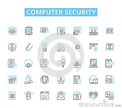 Computer security linear icons set. Firewall, Cryptography, Malware, Authentication, Encryption, Phishing, Virus line Vector Illustration
