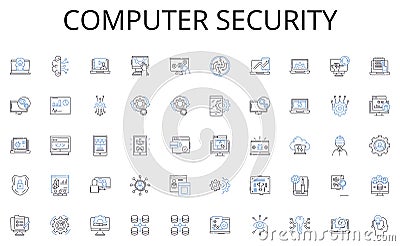 Computer security line icons collection. Blissful, Delighted, Satisfied, Happy, Pleased, Ecstatic, Thrilled vector and Vector Illustration