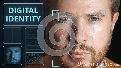 Computer security system scanning caucasian man`s face. Digital identity related image Stock Photo