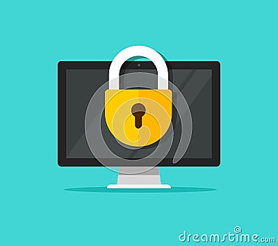 Computer security vector illustration, flat cartoon desktop pc with closed lock, concept of firewall protection, privacy Vector Illustration