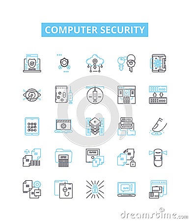 Computer security vector line icons set. Antivirus, Firewall, Encryption, Patching, Phishing, Malware, Vulnerability Vector Illustration