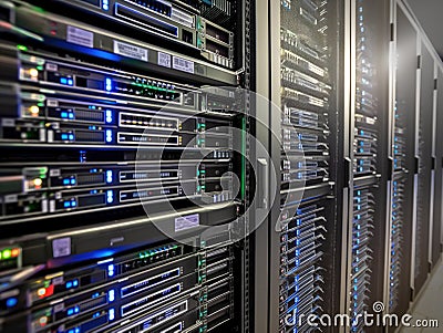 Computer server room with multiple racks of servers in grid pattern. Blue lights indicate active operation on each rack. Stock Photo
