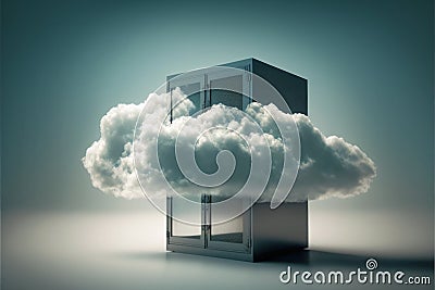 A computer server stands in the midst of a swirling cloud, symbolizing the power and flexibility of cloud computing technology, Cartoon Illustration