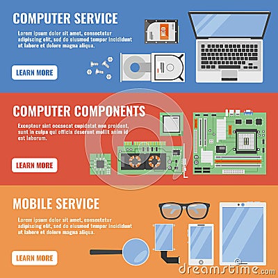 Computer Service Banner Set Vector Illustration