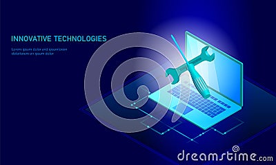 Computer service repair isometric laptop. 3d blue flat technical support screwdriver future modern banner business Vector Illustration