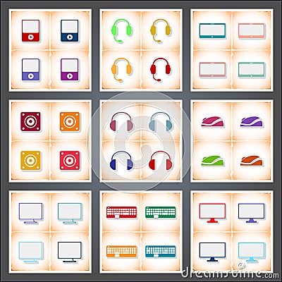 Computer. A set of flat stickers with shadow on old paper Vector Illustration