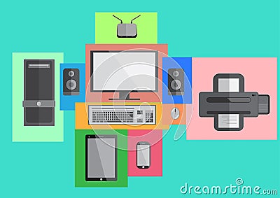 Computer set smart phone and tablet flat design Vector Illustration