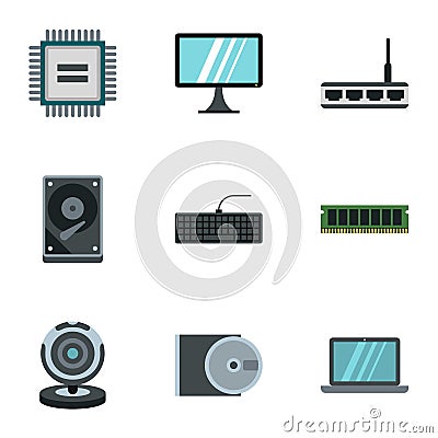 Computer setup icons set, flat style Vector Illustration