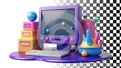 Computer setup with monitor, desktop, office equipment, workspace, tech png transparent image Generative AI Stock Photo