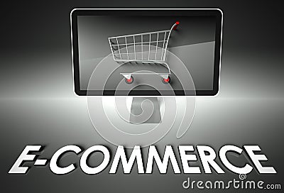Computer and shopping cart with E-commerce, Business Stock Photo