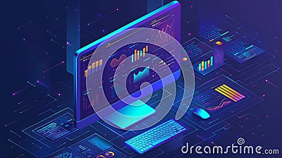 Computer showing interactive data in isometric workspace Stock Photo