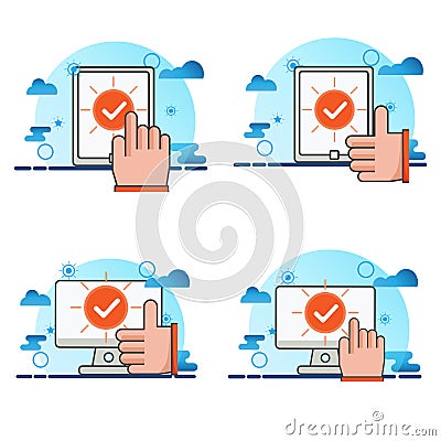 Computer and smartphone with checmark icon. job done illustration. Flat vector icon. can use for, icon design element,ui, web, Vector Illustration