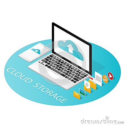 Isometric computer smartphone,upload cloud storage backup anywhere vector Vector Illustration